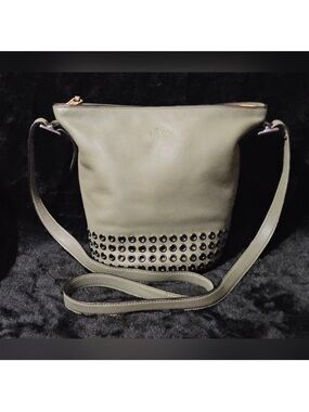 Coach Bleeker Olive Green Leather Studded Crossbody Bucket Bag